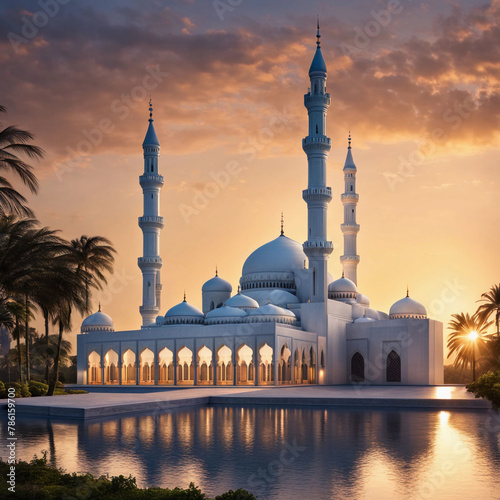 Architectural splendor of a mosque bathed in the first light of day with generative ai