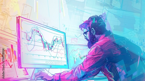 Landing page for stock market doodle. Businessman trader using computer to sell and buy currency and company bonds. Investment, line art modern web banner. photo