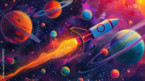 A colorful illustration of a space-themed wallpaper with a cartoon rocket soaring through a galaxy filled with vibrant planets photo