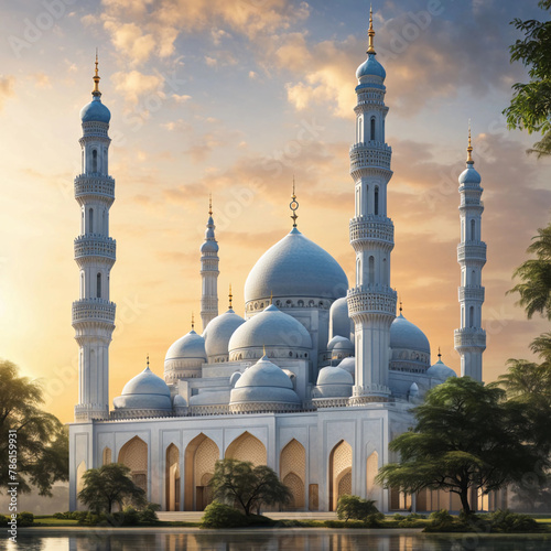 A serene mosque standing tall against the morning sky with generative ai