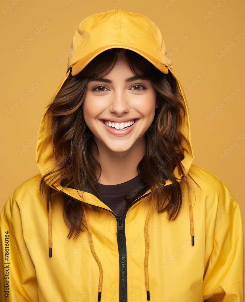 A woman in a yellow raincoat is smiling and wearing a yellow hat A woman in a yellow raincoat is smiling and wearing a yellow hat