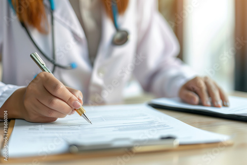 Female doctor writing and filling a prescription for her patient, medical insurance claim form, healthcare and medicine concept