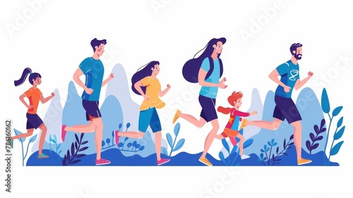 Graphik flat posters of father, mother, daughter, and son characters exercising outdoors and living a healthy lifestyle.