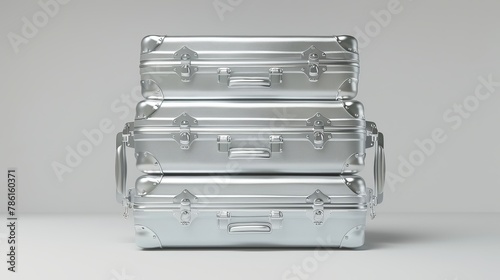 Silver suitcase, solid white background, front view, six stacks