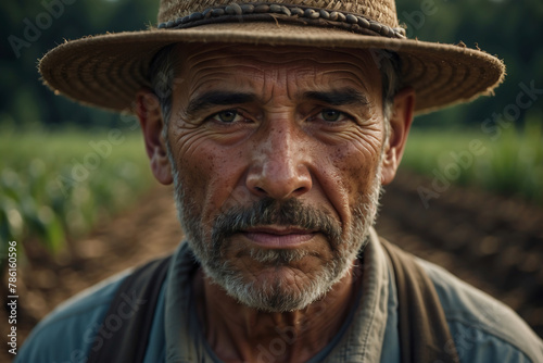 Porträt eines erfahrenen Landwirts mit ernstem Blick vor Feldern am Ende des Arbeitstages