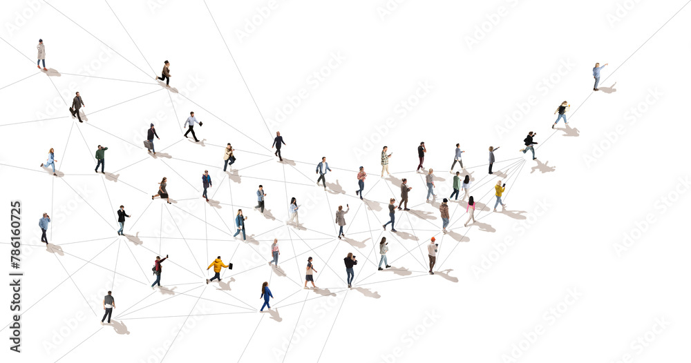 Aerial view on crowd of people in motion connected with line symbolizing communication in modern world. Concept of Internet, online services, social media, technology - obrazy, fototapety, plakaty 