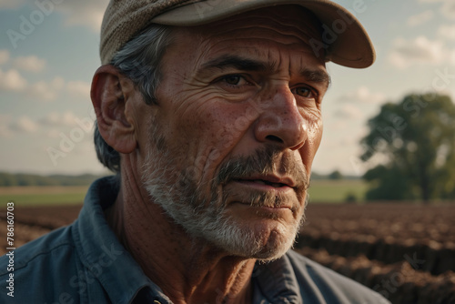 Erfahrener Landwirt mit Charaktergesicht vor ländlicher Kulisse im sanften Abendlicht porträtiert