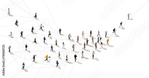 Fotografie Aerial view on crowd of people in motion connected with line symbolizing communication in modern world