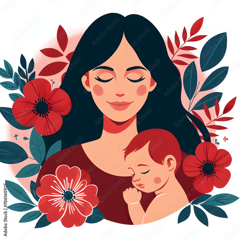 Mom face closeup with baby, flower, and leaves, red color, isolated on a white background, flat vector illustration
