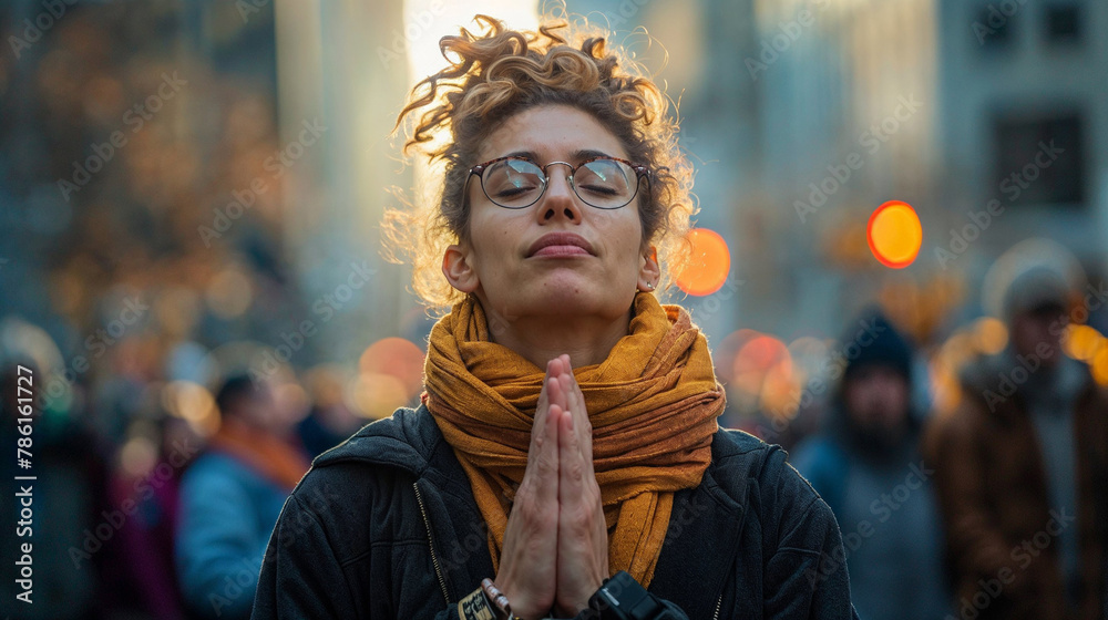 Woman Meditating in Busy Urban Setting with Hopeful Expression