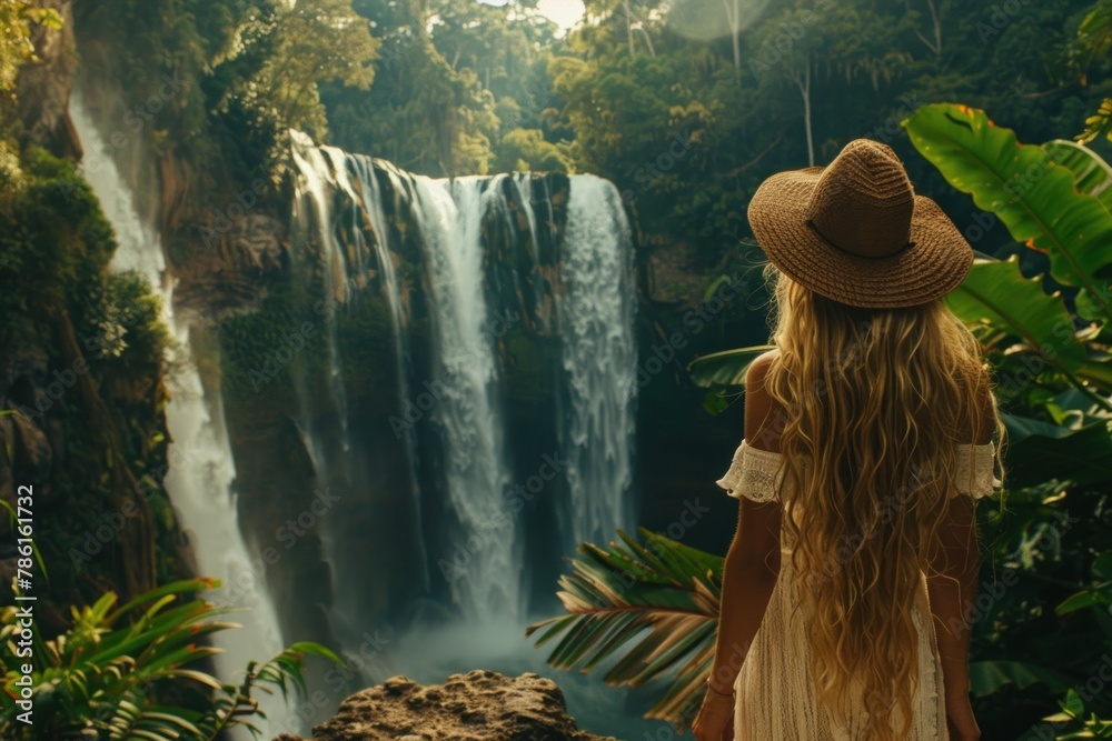 Woman Standing in Front of a Waterfall - obrazy, fototapety, plakaty 