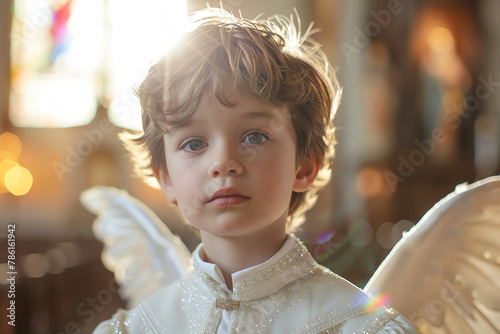 Boy in first communion outfit, angelic aura, church setting,