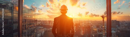 Business attire man at construction, helmet on, clear future engineering scene, photo