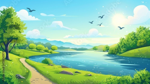 Modern illustration of a summer landscape with blue lake and green field. Illustration shows cartoon trees on river bank  footpath to water  birds flying high in sunny sky  and hills in the distance.