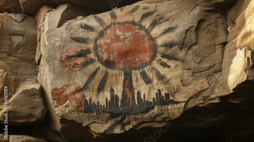 primitive cave painting on a rock face, nuclear war photo