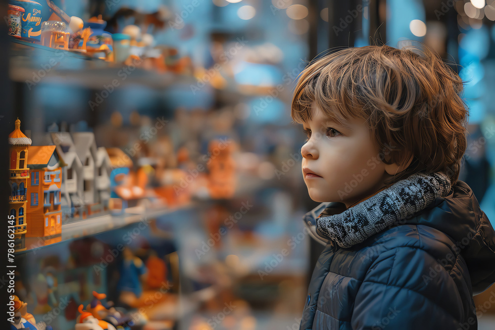Child exploring toy store from outside, clear and focused,