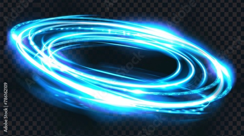 An illustration of blue neon light trails and magic shiny lines isolated on a transparent background depicting a dynamic speed effect, wavy glowing stripes, and curved glowing stripes. This © Mark