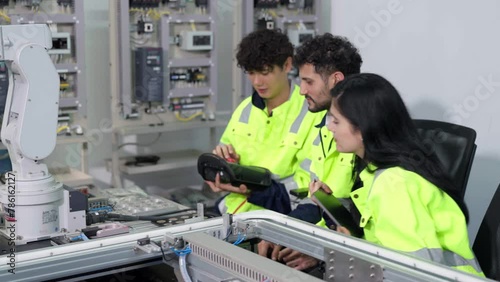 Group of multiethnic engineer researching and developing a robotics arm in scientific technology laboratory. Technician examining Industrial robot machine. Automated and manufacturing factory concepts