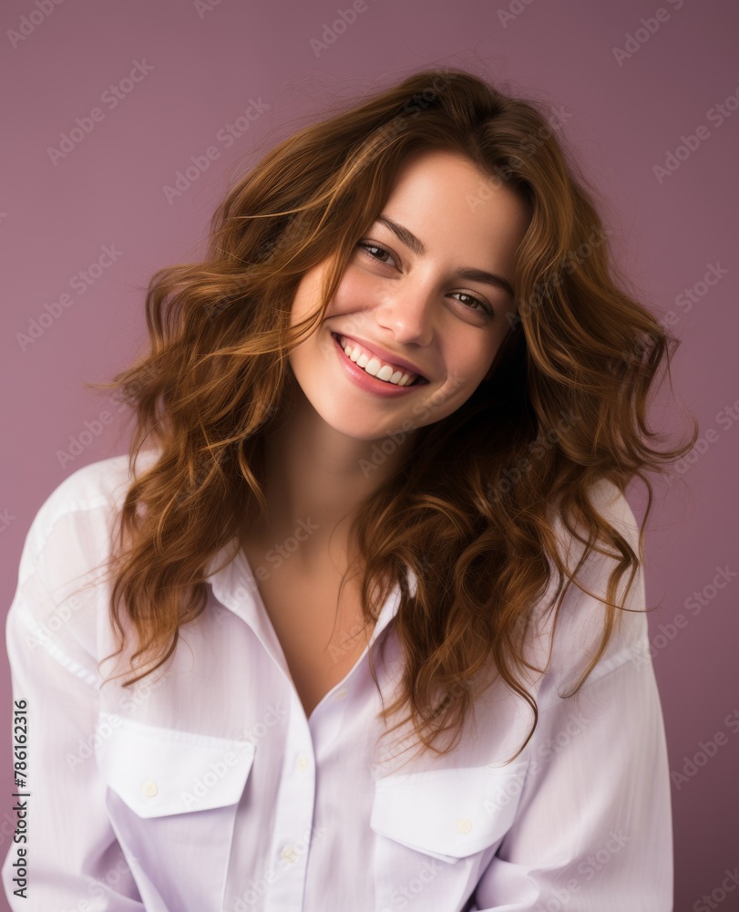 Portrait of caucasian girl, wearing a casual clothing and smiling on studio color background Portrait of caucasian girl, wearing a casual clothing and smiling on studio color background