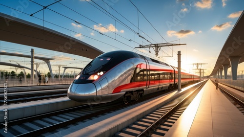 A sleek high-speed train approaches a station during sunset, epitomizing modern transportation and travel.