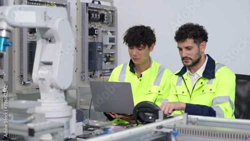 Group of multiethnic engineer researching and developing a robotics arm in scientific technology laboratory. Technician examining Industrial robot machine. Automated and manufacturing factory concepts