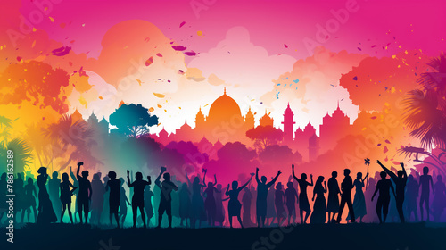 vector watercolor illustration of happy people dancing on holi dust in India . 