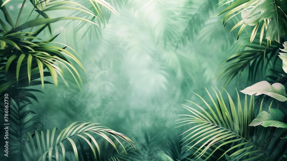 A lush green jungle with a lot of leaves and plants. The image has a serene and peaceful mood, with the green foliage creating a sense of calm and tranquility