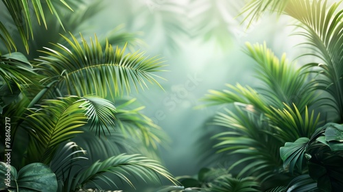 A lush green jungle with palm trees and leaves. The image has a serene and peaceful mood  with the bright green leaves and the sunlight filtering through the trees