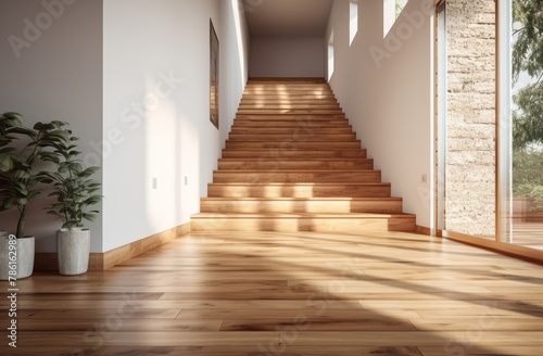 Interior architecture design of wooden entrance hallway with staircase in a minimal or topical house. Generative AI.