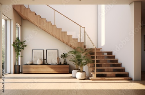 Interior architecture design of wooden entrance hallway with staircase in a minimal or topical house. Generative AI. photo