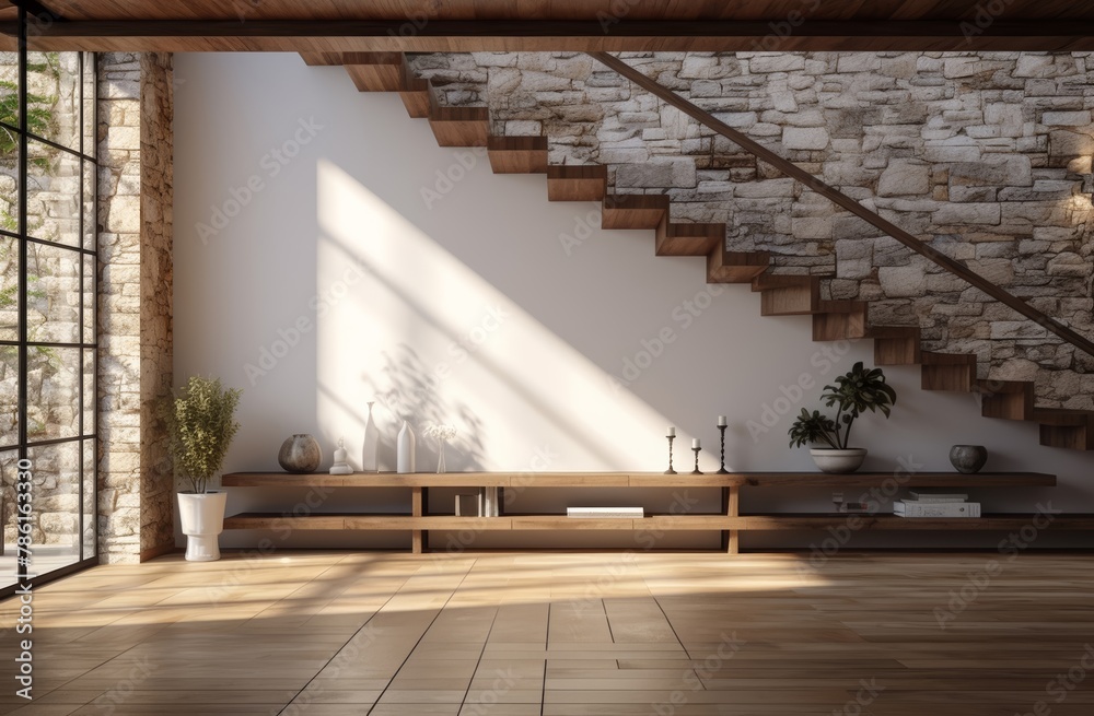 Interior architecture design of wooden entrance hallway with staircase in a minimal or topical house. Generative AI. - obrazy, fototapety, plakaty 