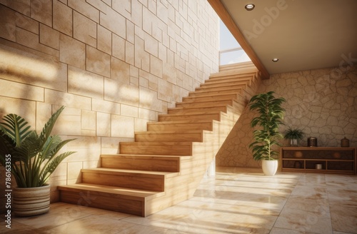 Interior architecture design of wooden entrance hallway with staircase in a minimal or topical house. Generative AI.