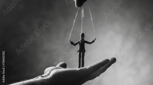 Human hand holding a marionette in black and white. Concept of control.