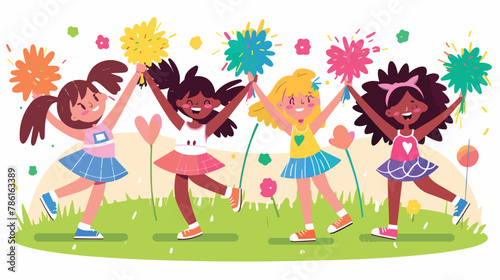 Girls kids cheerleaders holding pompons and dancing  photo