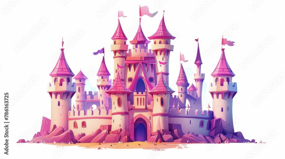 Isolated on white background are adorable royal fortresses with turrets, flags, bridges and domes, as well as Arab or European fantasy fortresses with flags. Cartoon modern illustration.