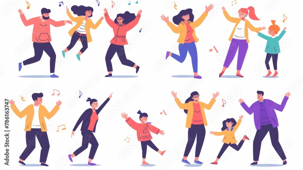 Modern illustration of parents dancing with children. Parents and children enjoying music, jumping with kids, celebrating a holiday, weekend entertainment. Mothers and fathers enjoying music and