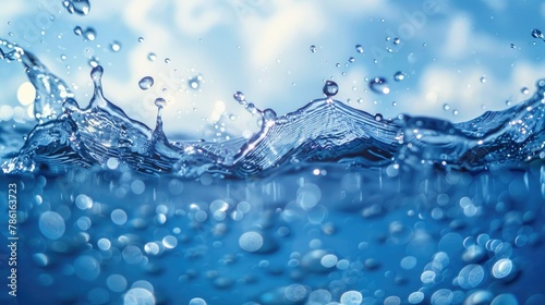 Abstract Close up of Blue Water Surface with Blurred Background and Splashing Water Reflections in the Sea