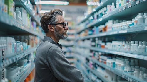 Man in pharmacy, shelves of health products, clear bg,