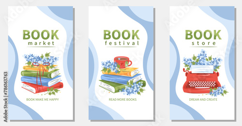 Set of layout design for bookshop, library, bookstore, festival or education. Books with spring flowers. Vector illustration