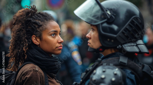 Intense Stare Between Female Protester and Police Officer