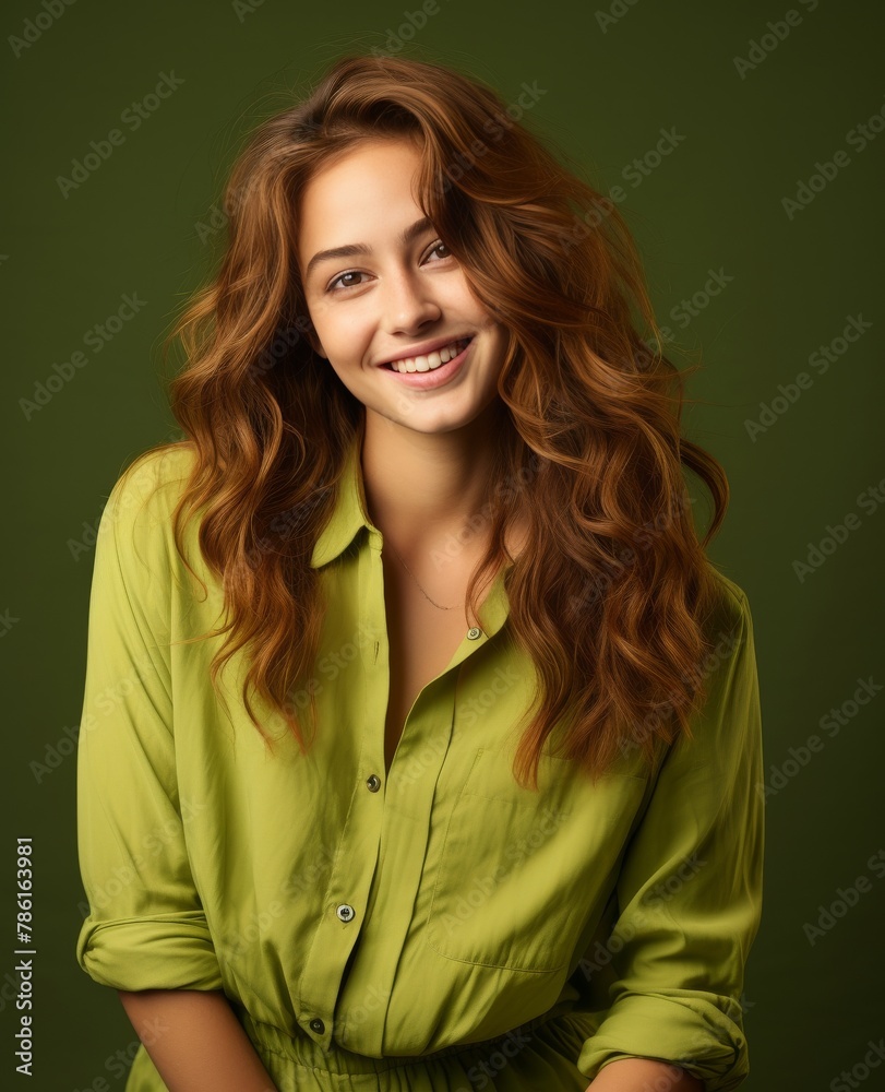 Obraz premium Portrait of caucasian girl, wearing a casual clothing and smiling on studio color background