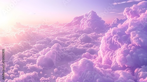 Innocent pink and lilac peaceful sky background with soft cloud texture. Realistic modern illustration of pastel heaven or paradise background. Gorgeous sunrise cloudscape. photo