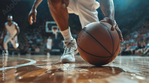A close-up shot of a basketball player dribbling the ball during a intense game