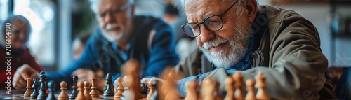 Retirees in a strategic board game battle, clear background,