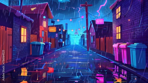 A back street alley with old city houses in the rain at night. Empty dark alleyway with town houses, neon signs on brick walls, trash bins and lightning. Modern cartoon illustration of an alleyway photo