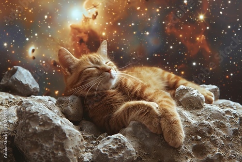 Spacefaring cat among asteroids, clear star background, photo