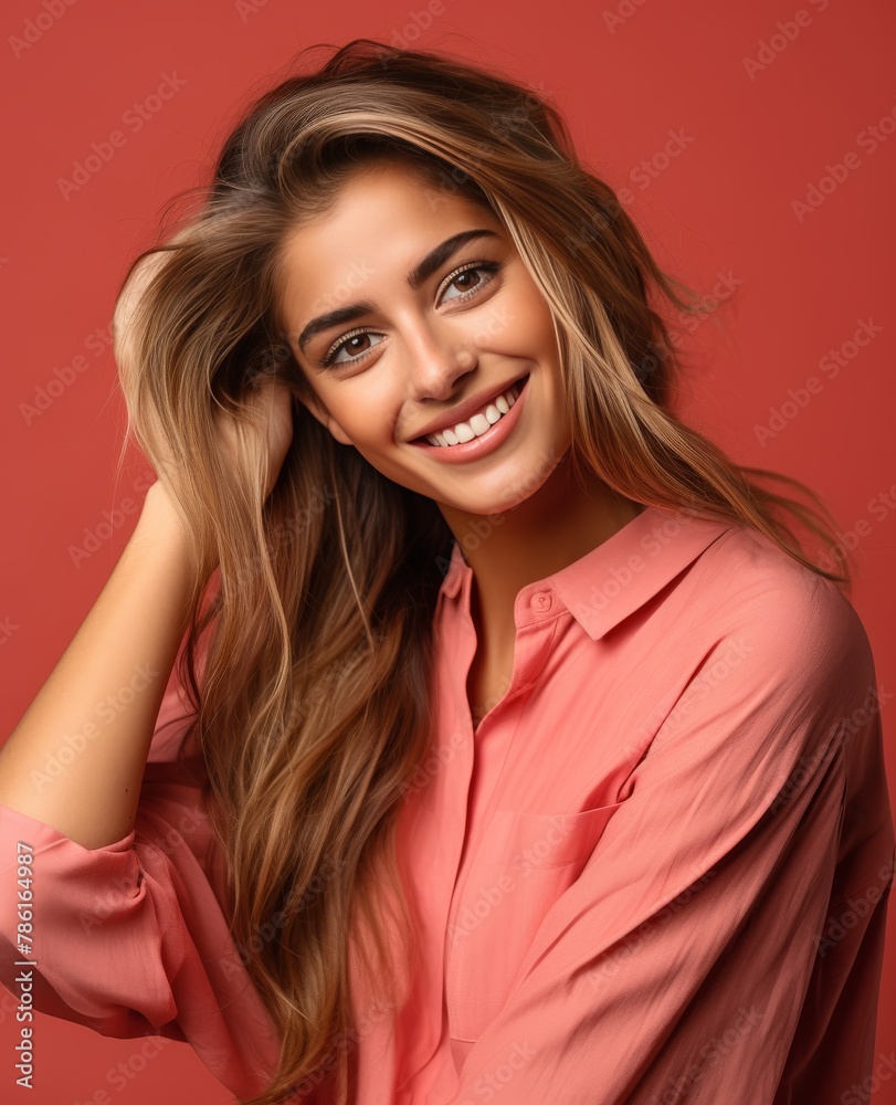 Portrait of caucasian girl, wearing a casual clothing and smiling on studio color background Portrait of caucasian girl, wearing a casual clothing and smiling on studio color background