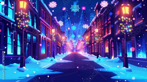 City street perspective view with neon illumination and christmas decorations. Modern megalopolis district with multistorey houses glowing with light, snowflake lamps, cartoon illustration. photo