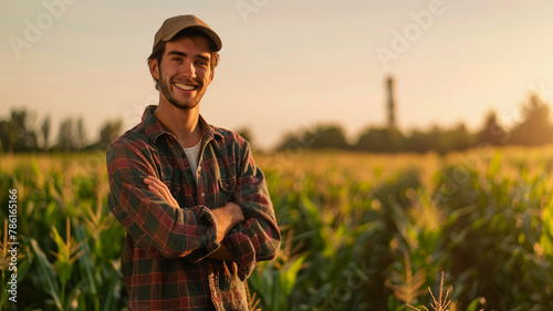 A young farmer stands with his arms crossed and smiling in the corn field in the morning. © sema_srinouljan