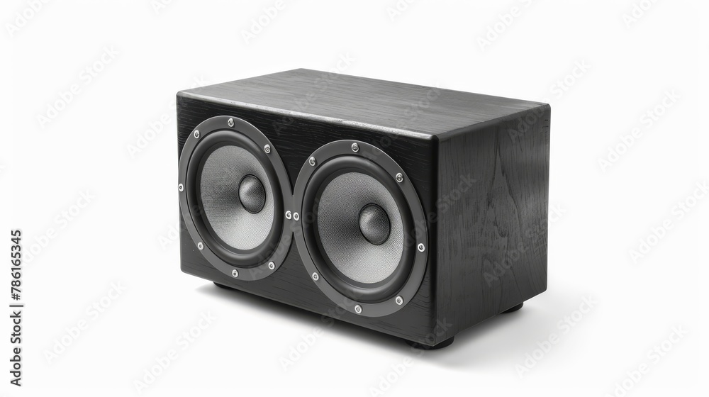 Isolated white background with black wooden sound speaker. Isolated white background with black wooden sound speaker.